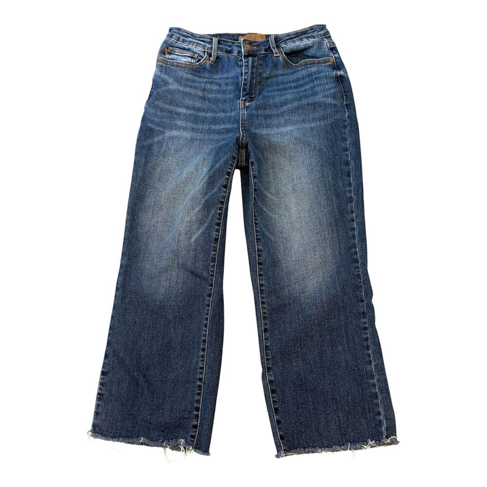 Judy Blue Wide Crop Jeans Womens Size 7/28 Dark Wash Frayed Hem JB88873DK